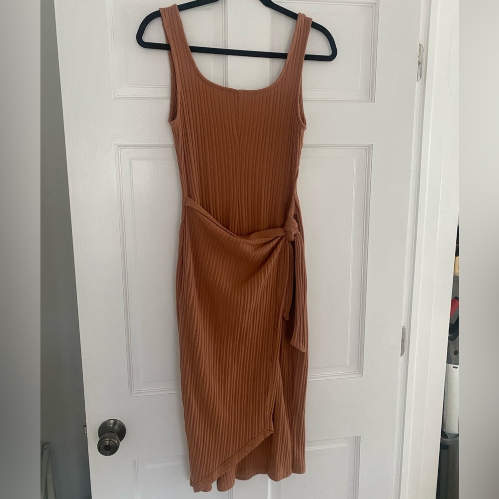 All in Favor Asymmetrical Tie Ribbed Burnt Orange Midi Dress